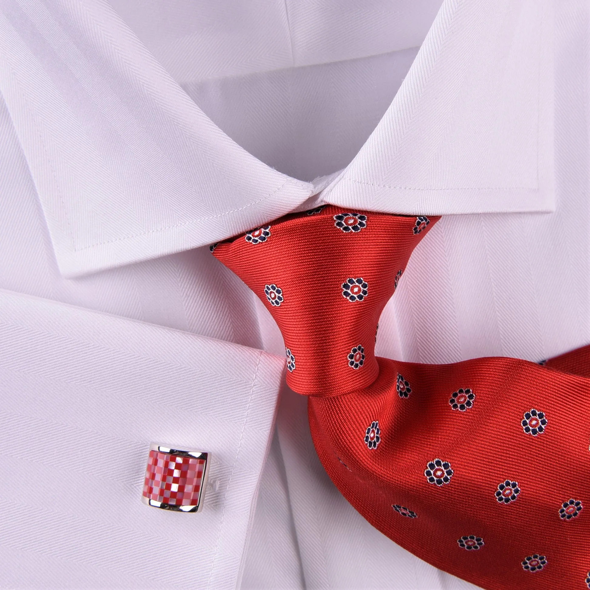 White Herringbone Formal Business Dress Shirt French Double Cuff Egyptian Cotton with Spread Cutaway Collar