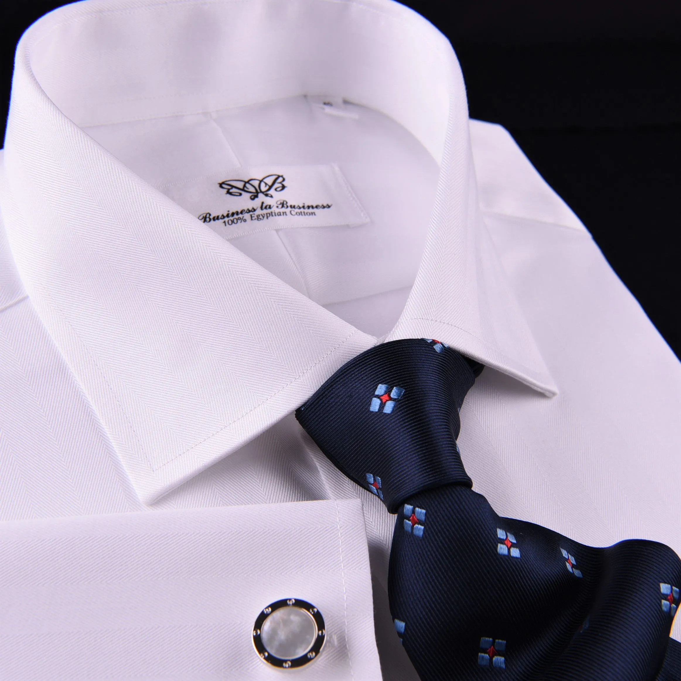 White Herringbone Formal Business Dress Shirt French Double Cuff Egyptian Cotton with Spread Cutaway Collar