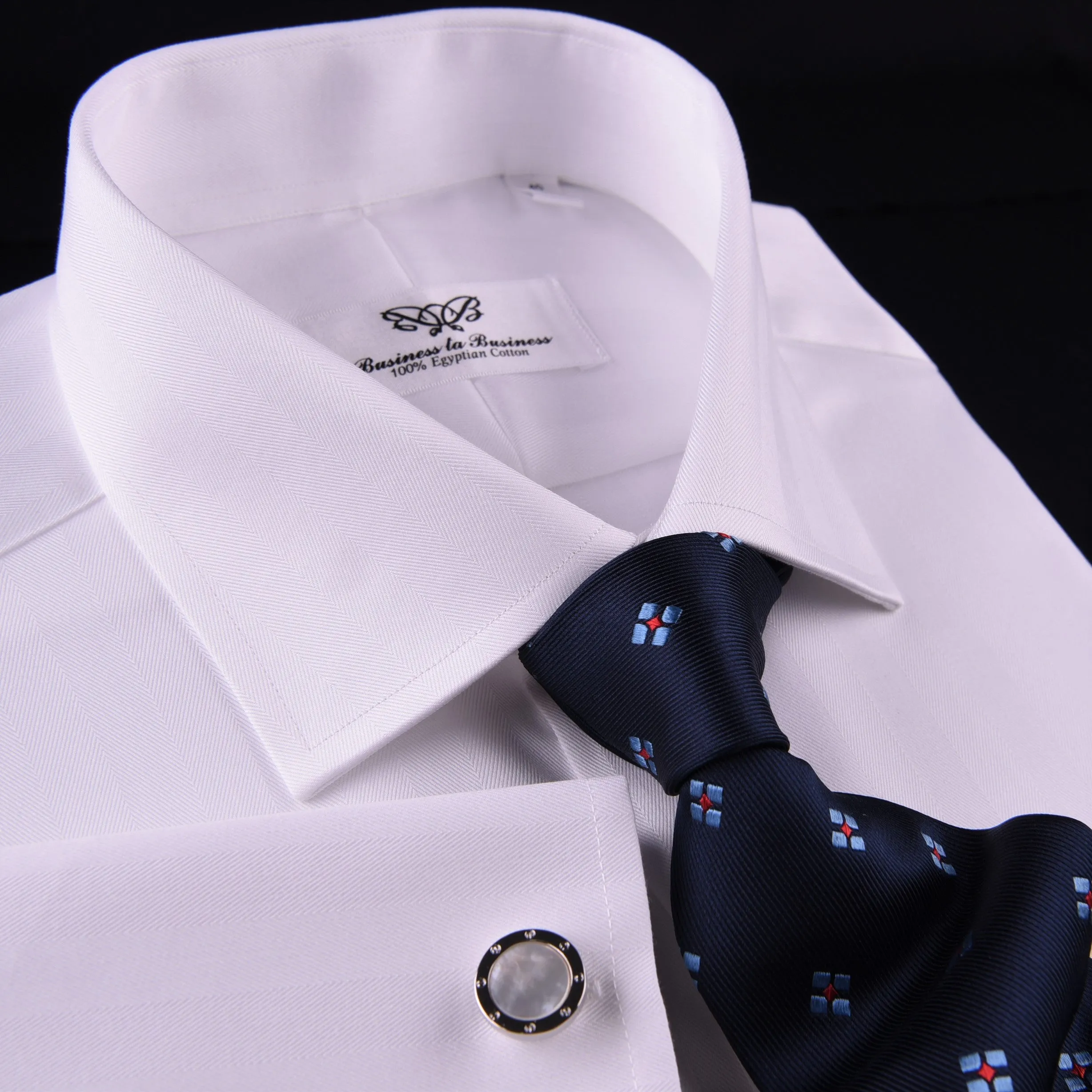 White Herringbone Formal Business Dress Shirt French Double Cuff Egyptian Cotton with Spread Cutaway Collar