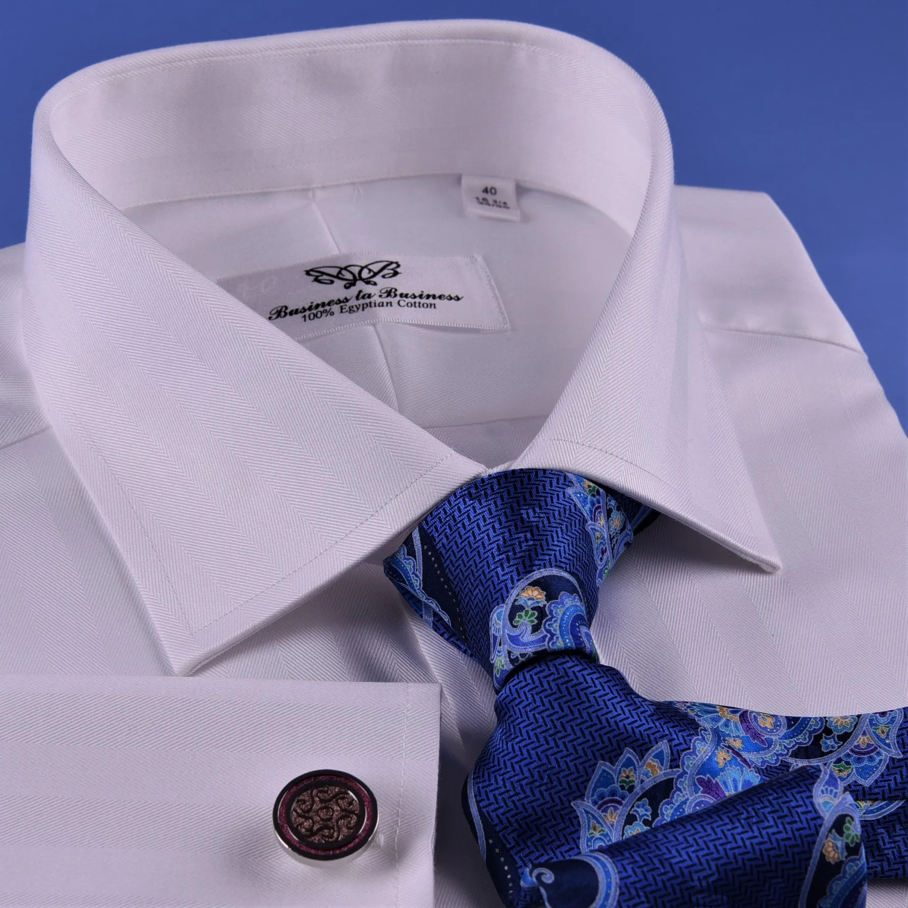 White Herringbone Formal Business Dress Shirt French Double Cuff Egyptian Cotton with Spread Cutaway Collar