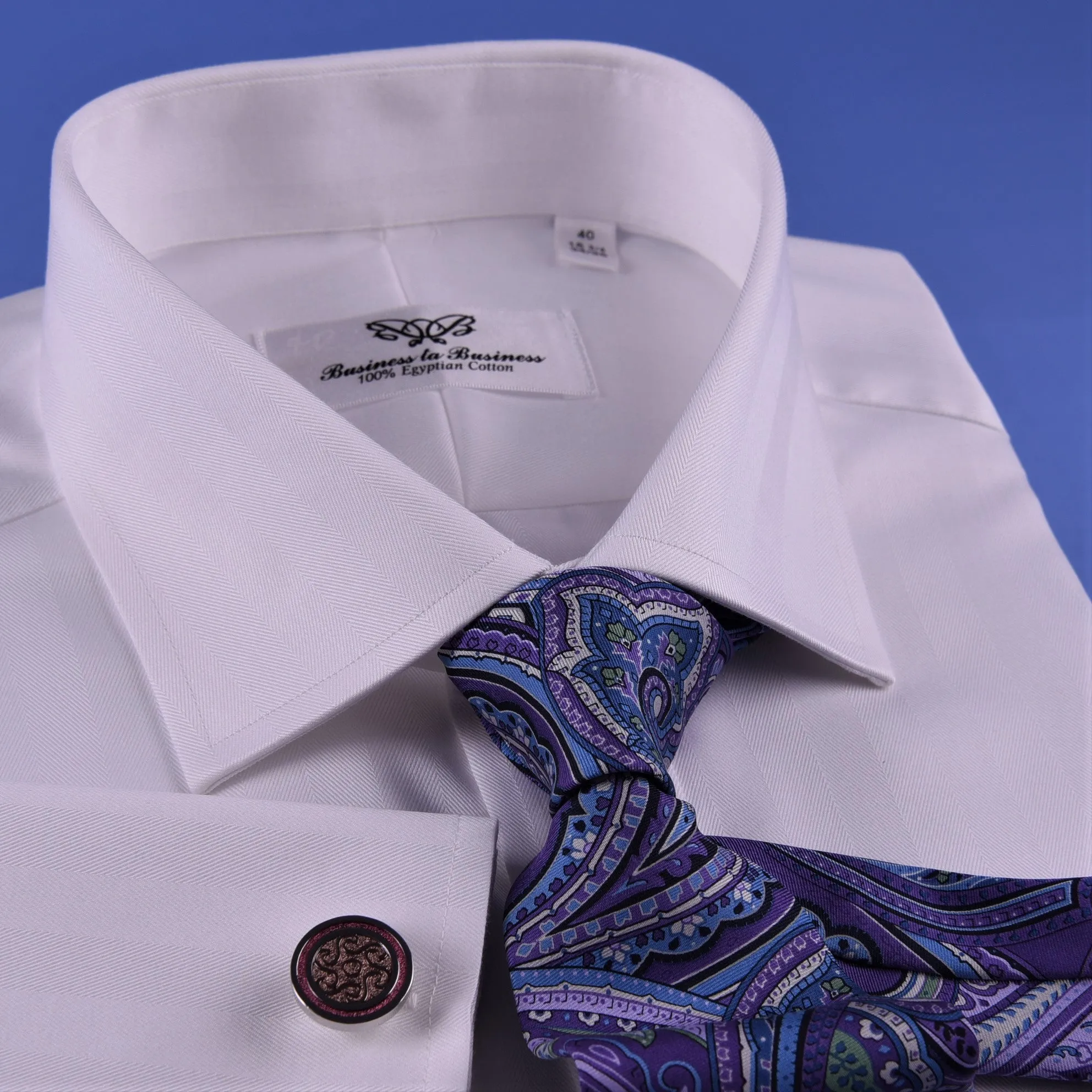 White Herringbone Formal Business Dress Shirt French Double Cuff Egyptian Cotton with Spread Cutaway Collar