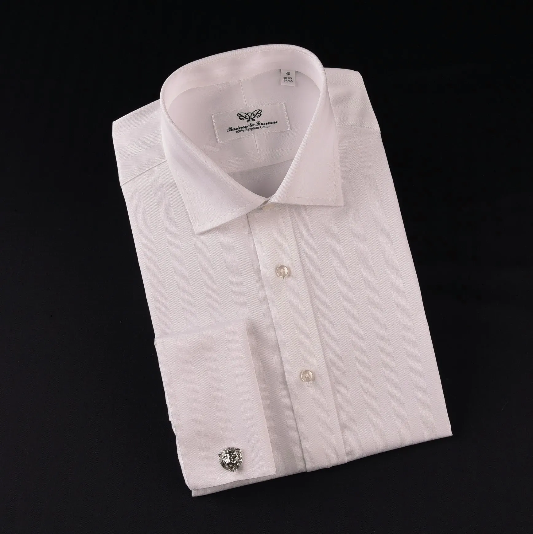 White Herringbone Formal Business Dress Shirt French Double Cuff Egyptian Cotton with Spread Cutaway Collar