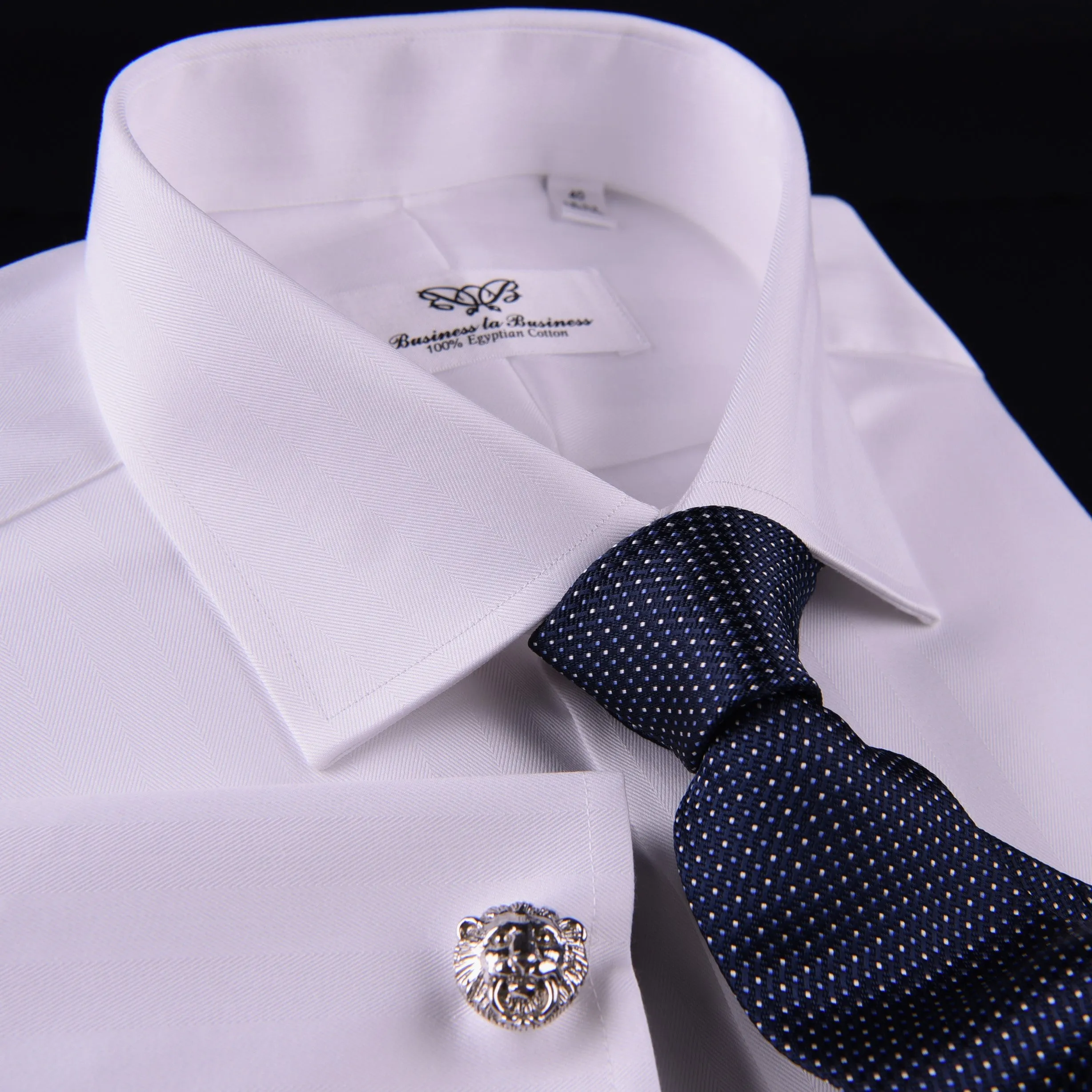 White Herringbone Formal Business Dress Shirt French Double Cuff Egyptian Cotton with Spread Cutaway Collar