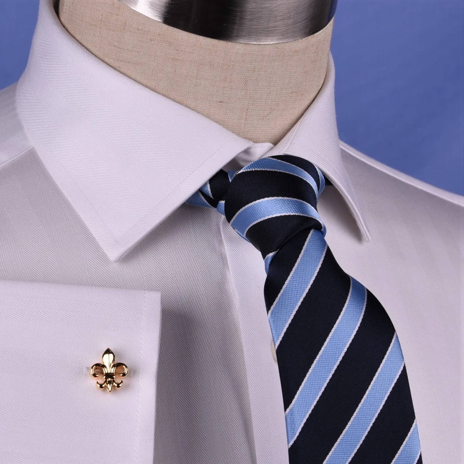 White Herringbone Formal Business Dress Shirt French Double Cuff Egyptian Cotton with Spread Cutaway Collar